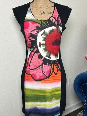 Desigual Black-Side Floral Stripe Midi Dress in Pink, Red, Green, Orange